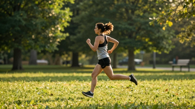 Mujer corriendo en parque dorado y borroso