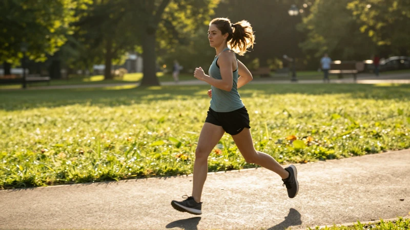 Mujer corre, parque, luz dorada, movimiento
