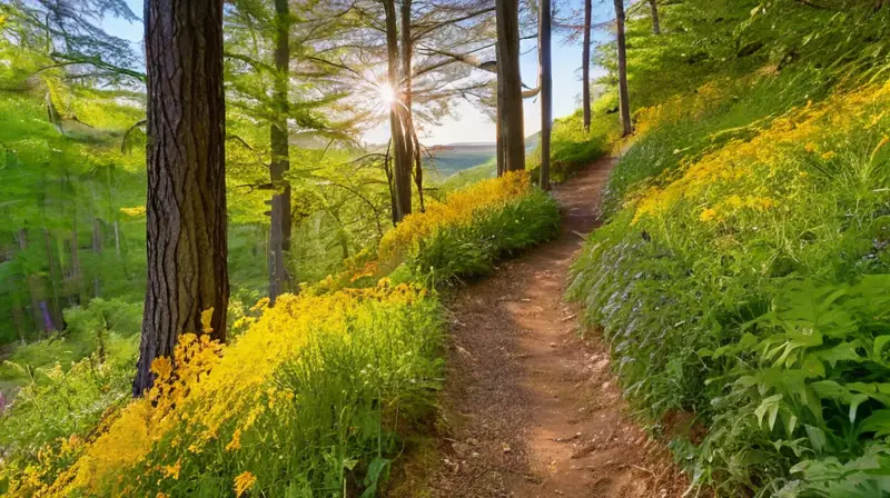 Sendero forestal iluminado y vibrante con vida