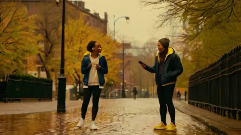 Amigos riendo en calle urbana iluminada