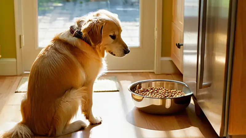 Cocina iluminada, perro atento, preparación saludable