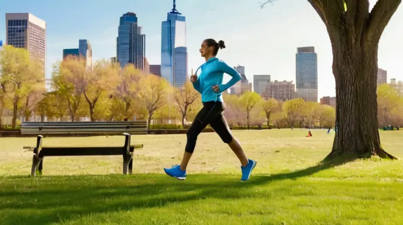 Parque urbano vibrante con runners y naturaleza
