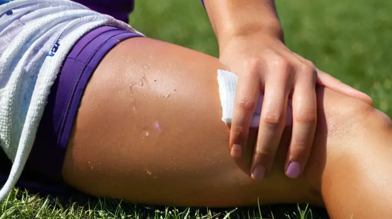 Pierna de atleta con moretón y cuidado