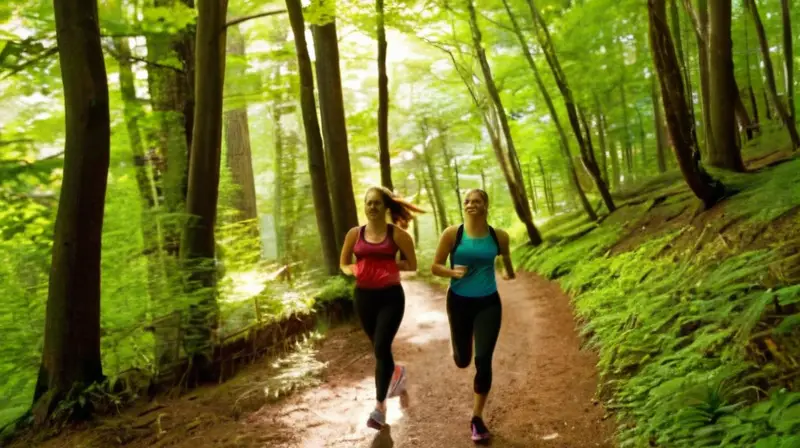 Cuatro amigos corren juntos por el bosque