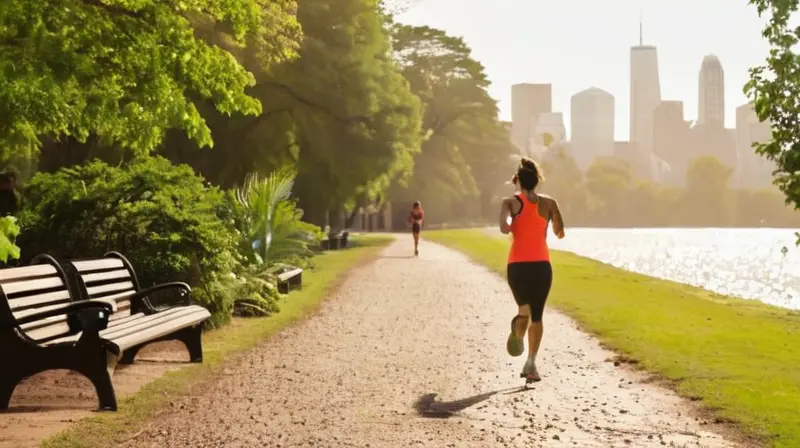 Parque urbano al amanecer con corredores