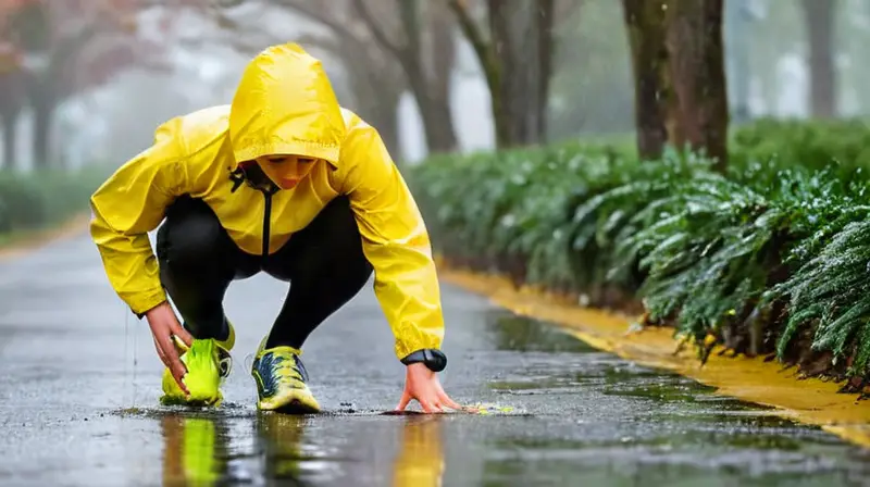 Corredor amarillo brilla en calle lluviosa