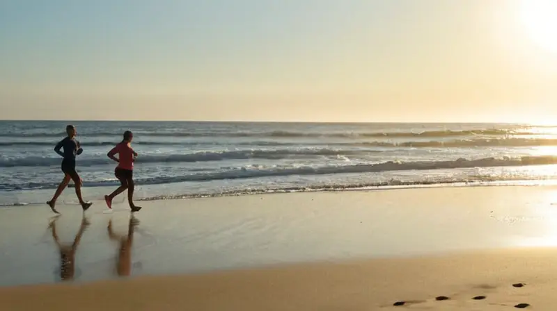 Escena de playa con corredor y sol
