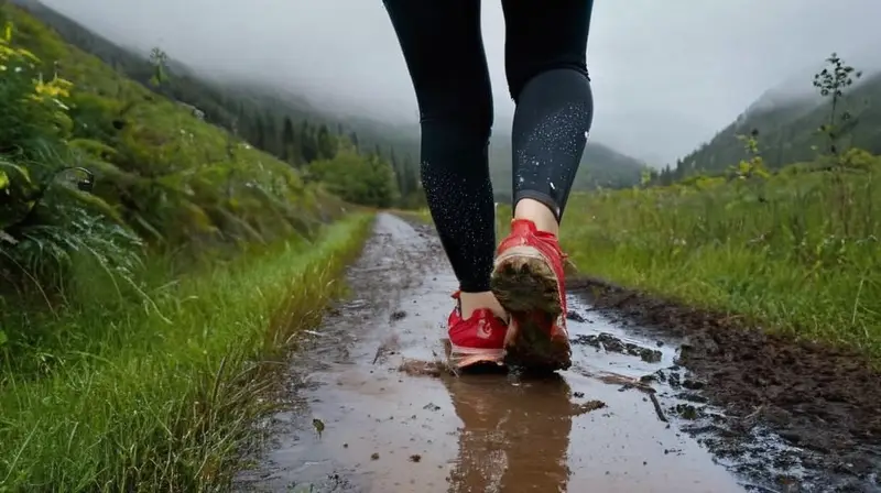 Corredor decidido bajo cielo nublado y lluvioso