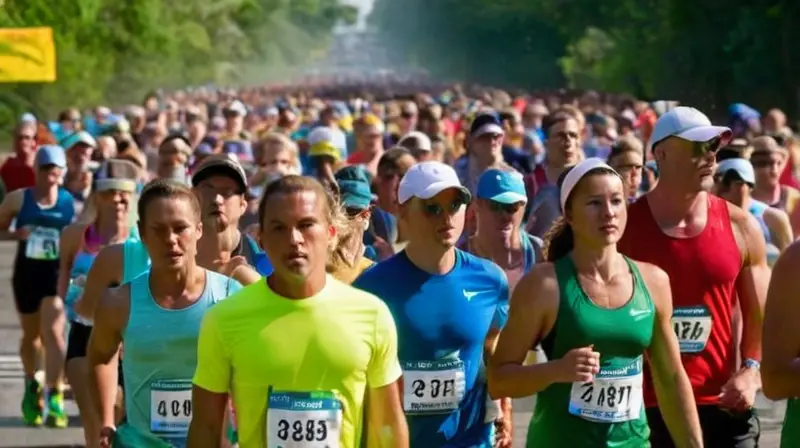 Maratón vibrante con corredores esforzados y animados
