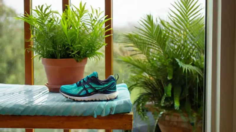 Camiseta húmeda y zapatillas en un entorno fresco