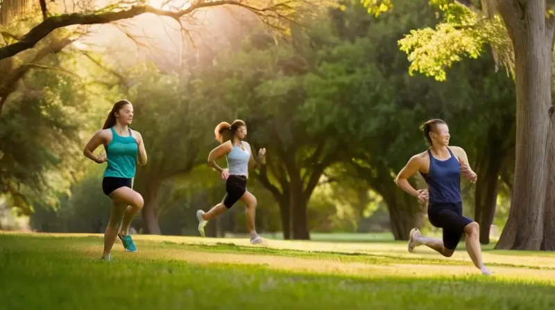 Corredores en un parque bajo el sol