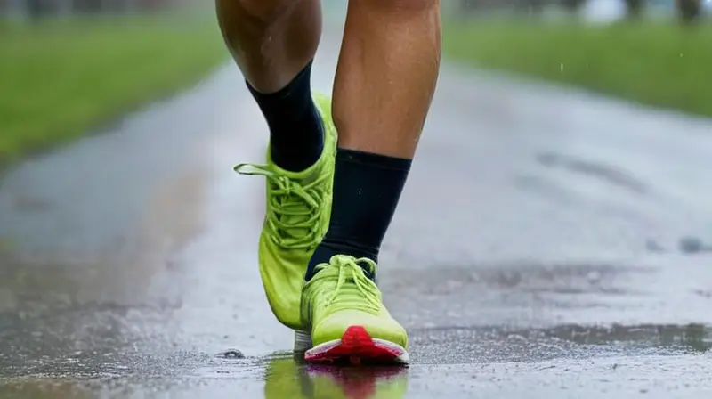 Corredor enfocado bajo la lluvia en parque