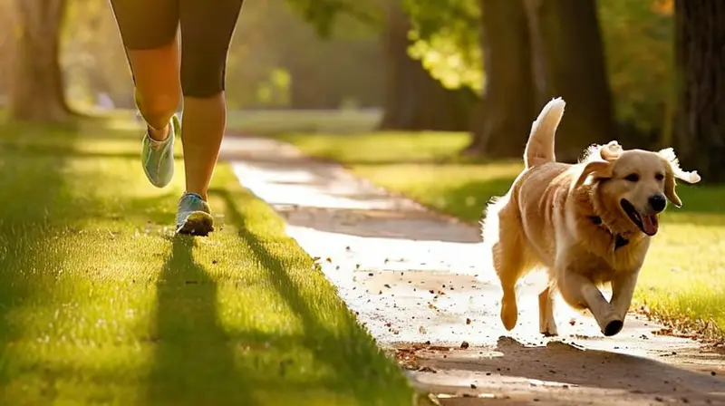 Mujer corre con perro en un parque soleado