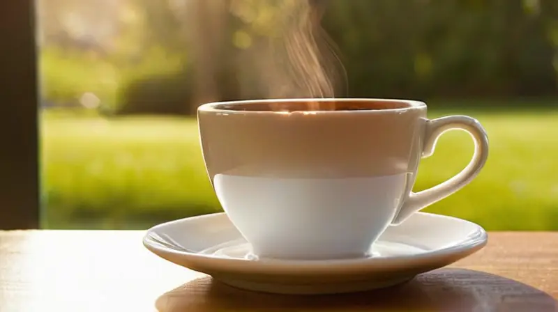 Taza de café humeante en parque vibrante