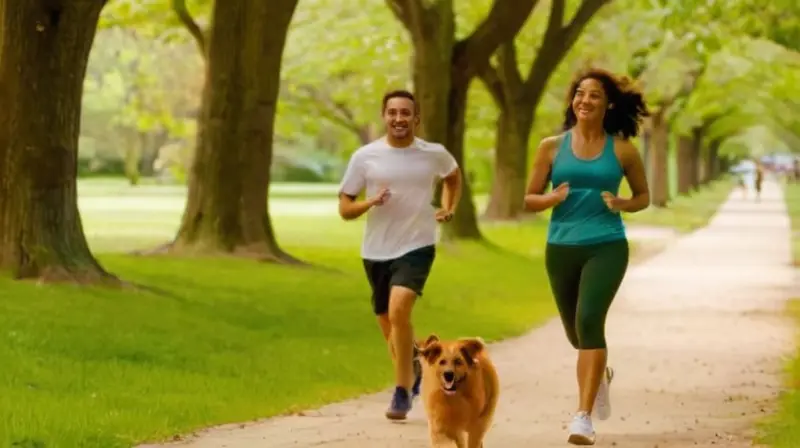 Pareja joggeando en un parque soleado