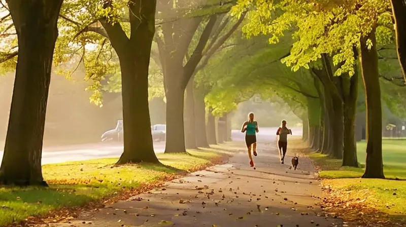 Parque urbano vibrante al amanecer con corredores