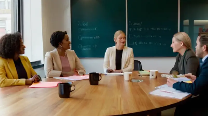 Reunión diversa y animada en sala iluminada