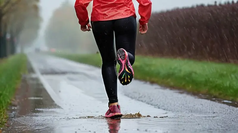 Corredor en rojo bajo la lluvia intensa