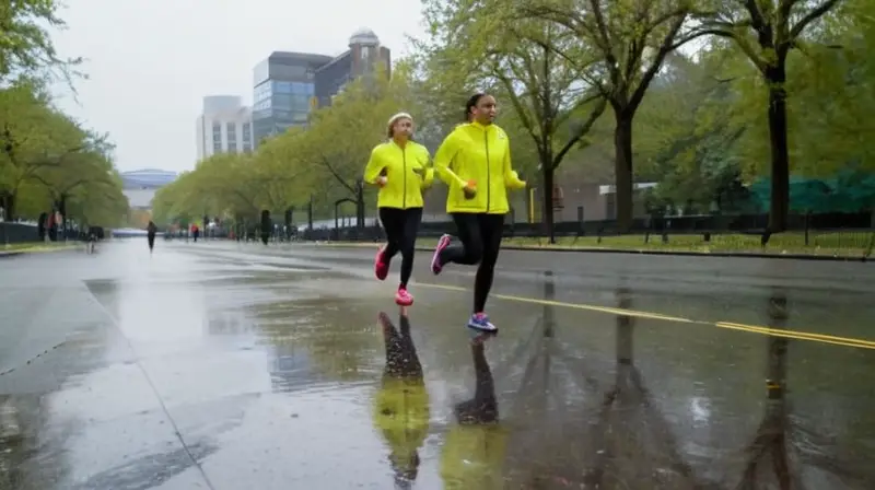 Corredores vibrantes en un parque lluvioso