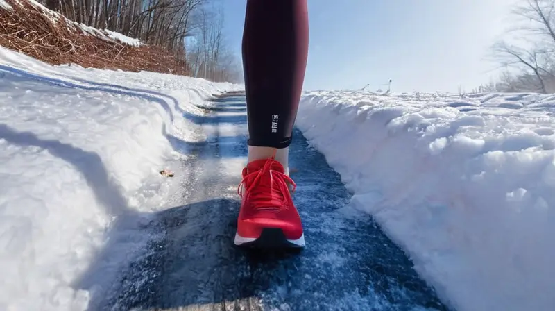Corredor en la nieve bajo un cielo azul