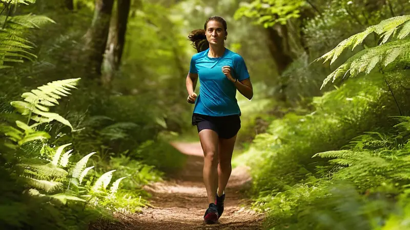 Corredor en sendero forestal iluminado