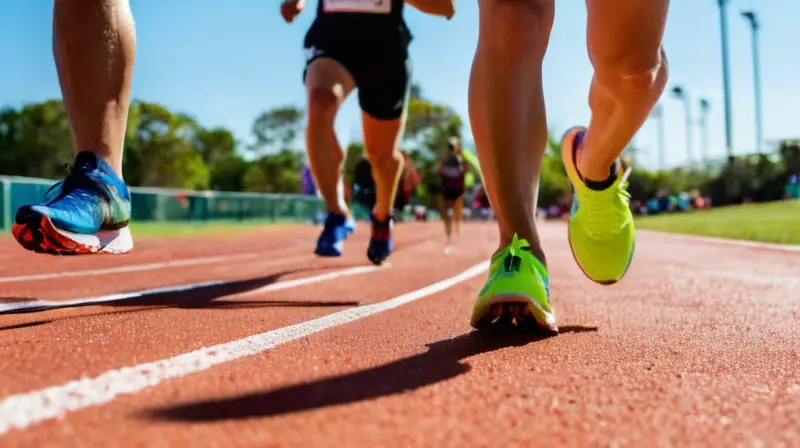 Atletas compiten en pista iluminada y vibrante
