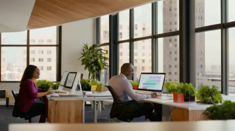 Oficina vibrante con profesionales colaborando y creando