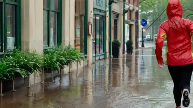 Calle urbana vibrante y lluviosa con corredores