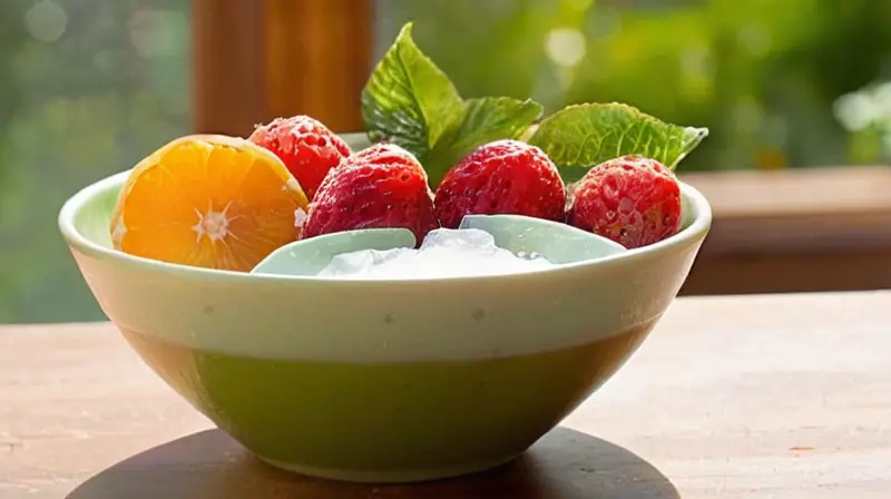 Mesa de madera con frutas y agua