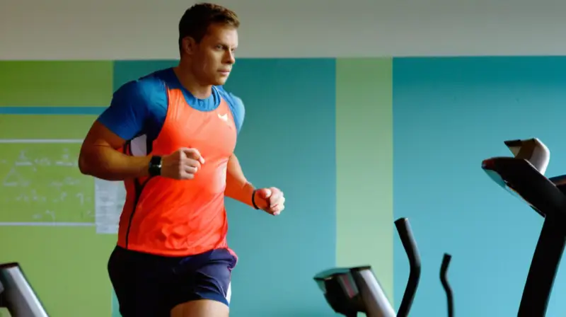 Gimnasio iluminado con corredor concentrado y sudor