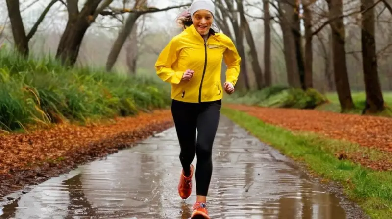 Corredores felices en un parque lluvioso