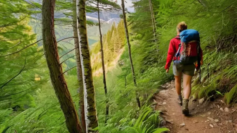Sendero montañoso vibrante con naturaleza y hiker