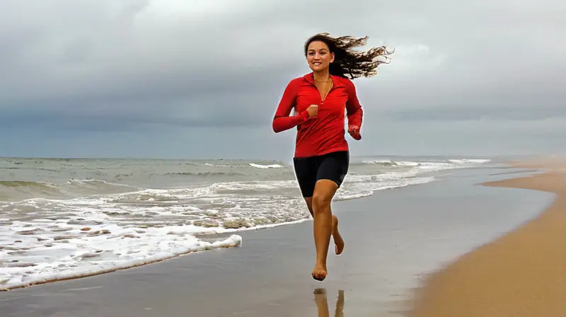 Playa tranquila con un corredor enérgico