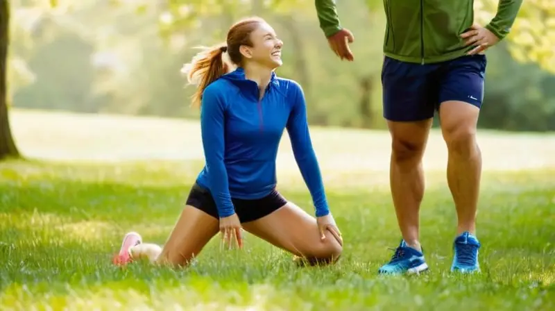 Escena de runners estirándose en el parque