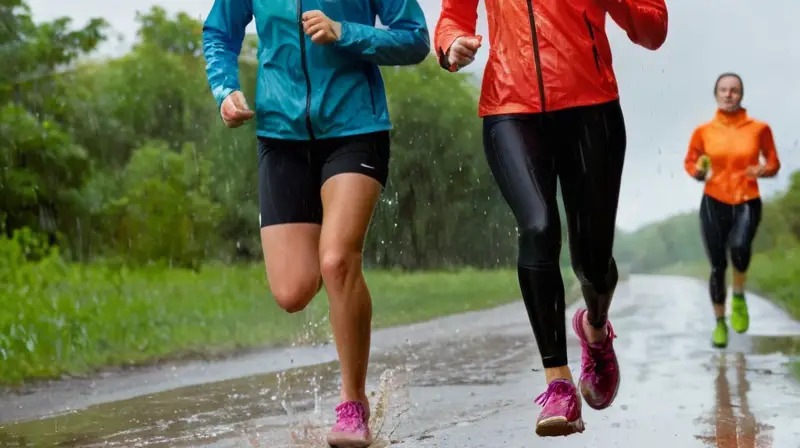 Corredores diversos bajo la lluvia