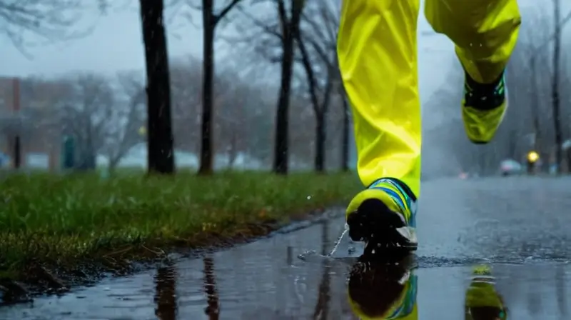 Corredor solitario en una calle lluviosa