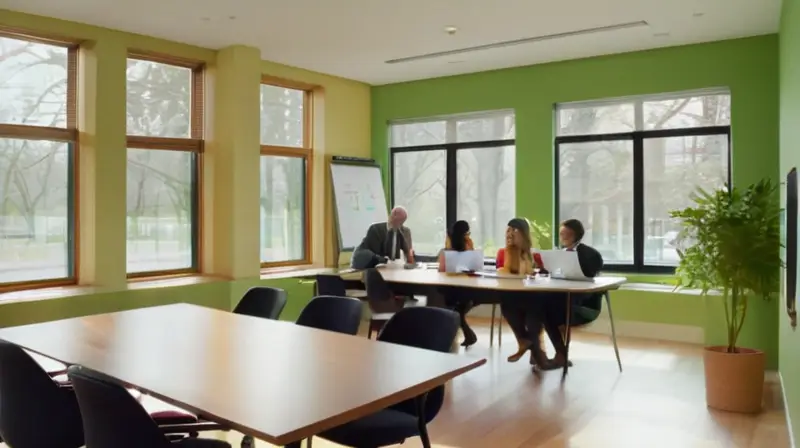 Oficina moderna, luz natural y colaboración activa