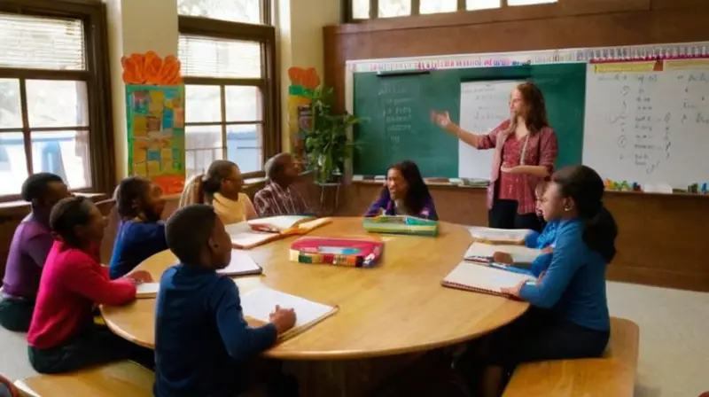 Aula luminosa con estudiantes diversos y concentrados
