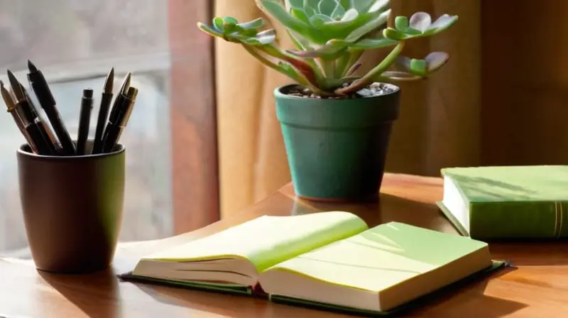 Un acogedor escritorio con café y escritura