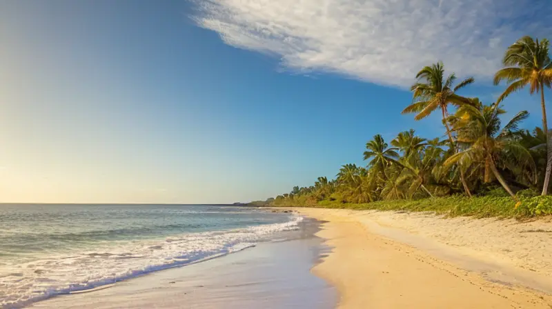 Playa dorada, olas suaves y vegetación vibrante