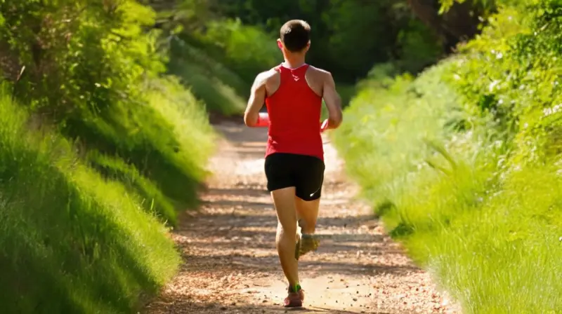 Corredor solitario avanza en sendero iluminado