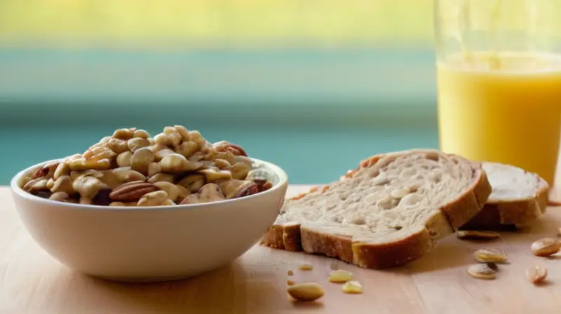 Mesa de madera con snacks y energía