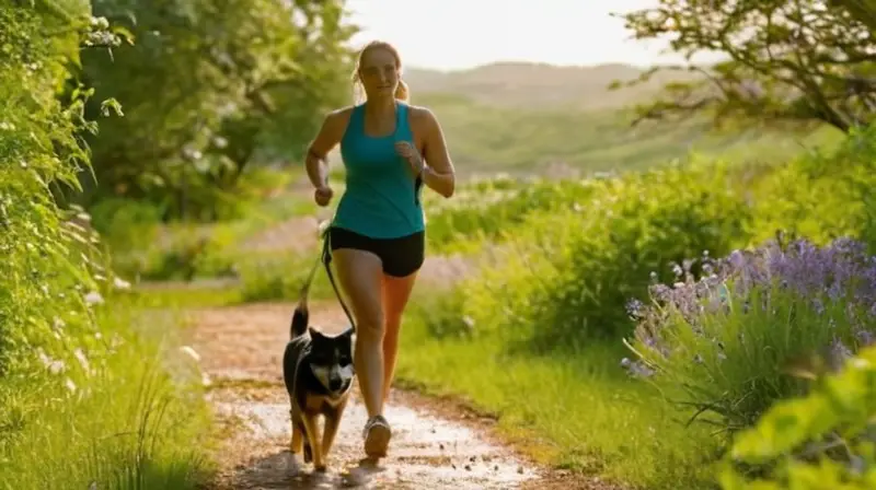 Parque soleado con corredor y perro feliz