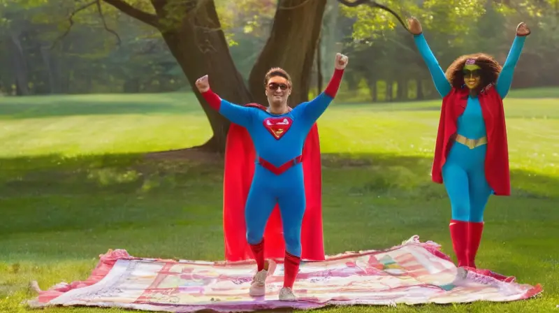 Pareja disfrazada compite en parque soleado