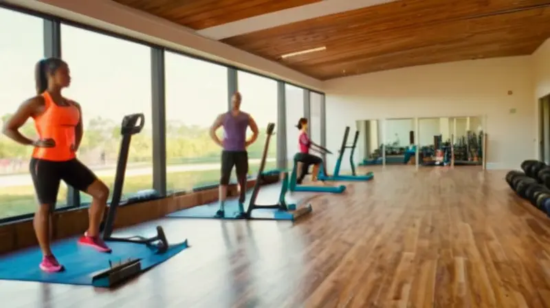 Gimnasio iluminado con personas entrenando diversas