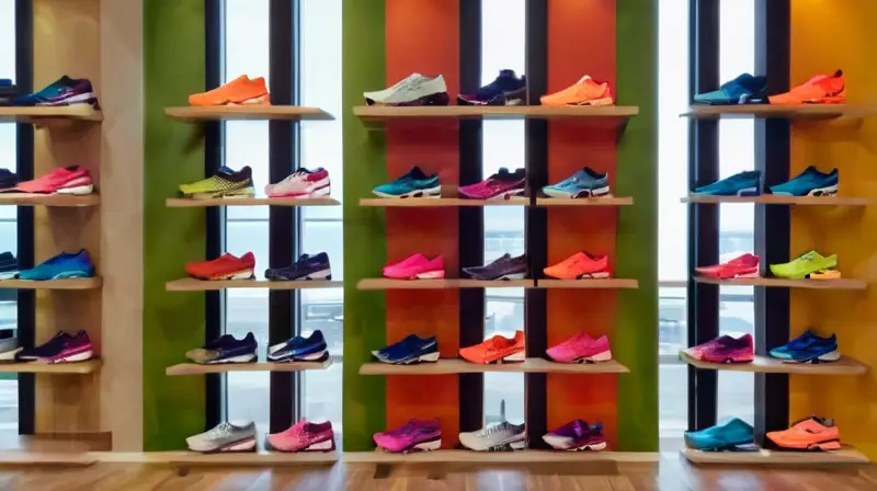 Tienda deportiva iluminada con zapatos coloridos