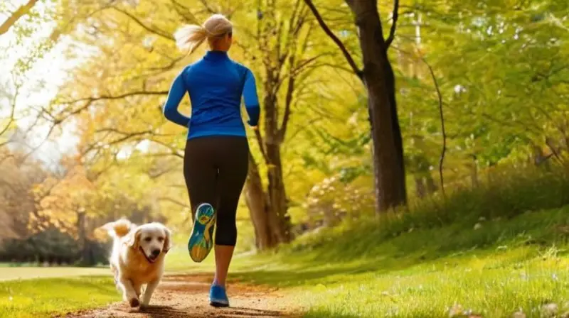 Mujer corre en parque con su perro
