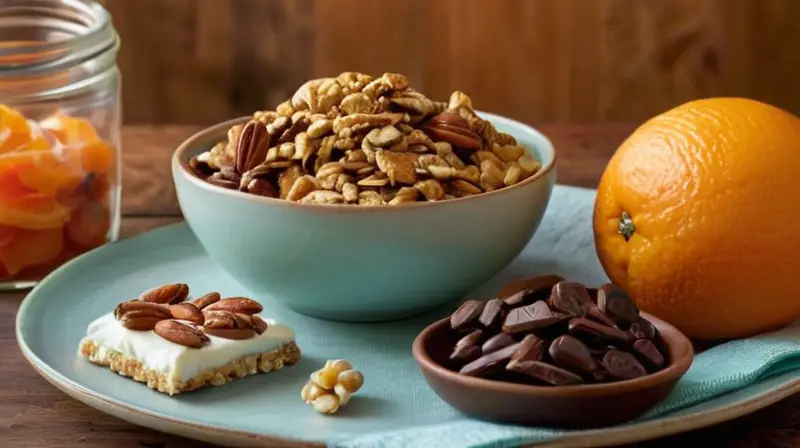 Mesa de madera con snacks coloridos y frescos