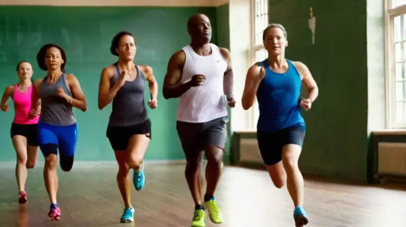 Gimnasio iluminado con corredores en movimiento