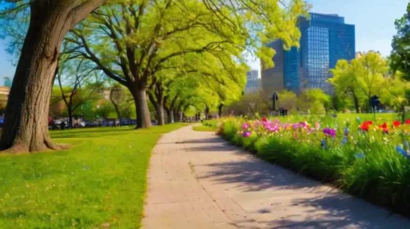 Parque urbano soleado con corredores y naturaleza